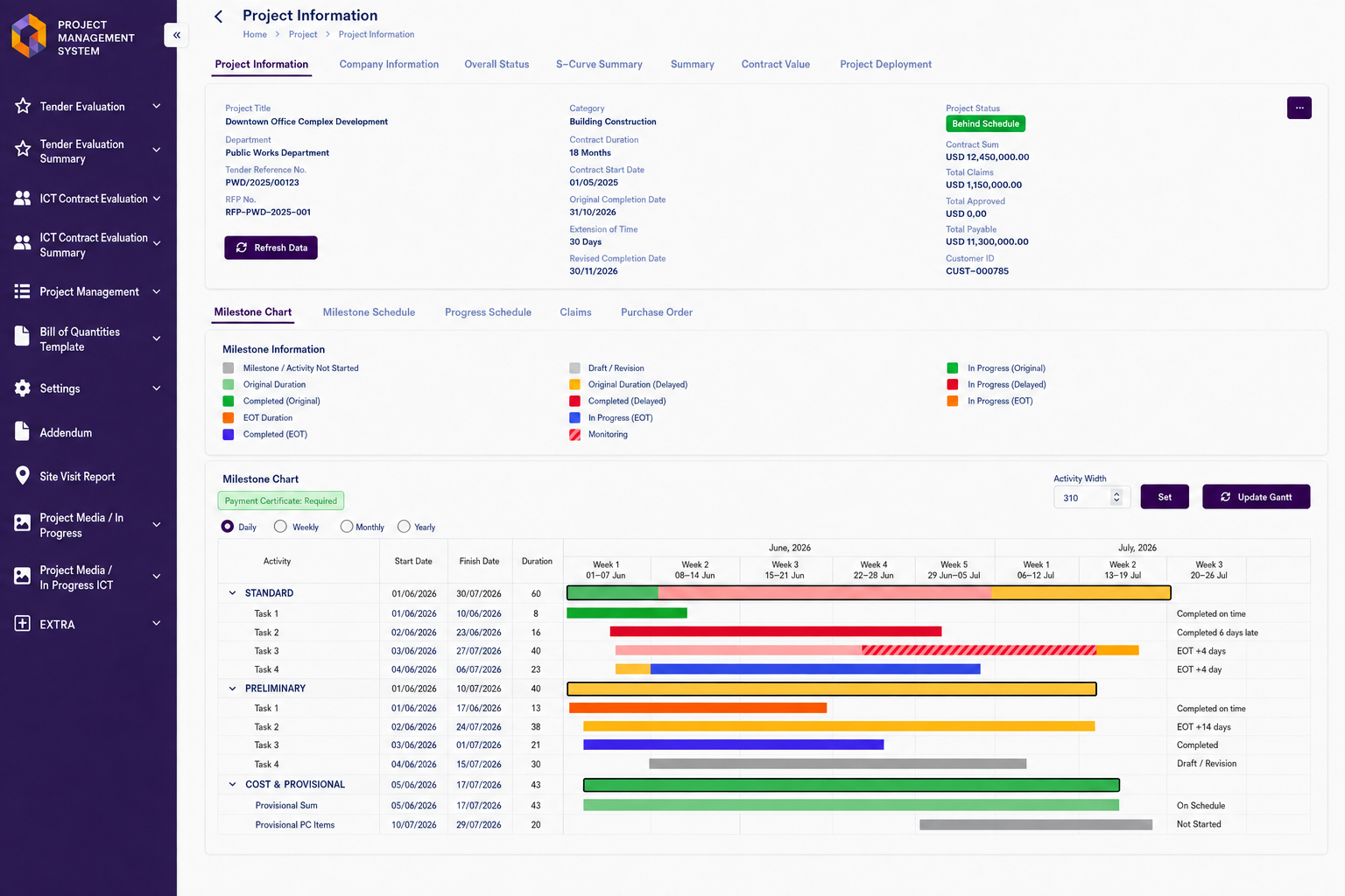 Fictionalised project controls interface showing a milestone Gantt chart with original, delayed, and extension-of-time states