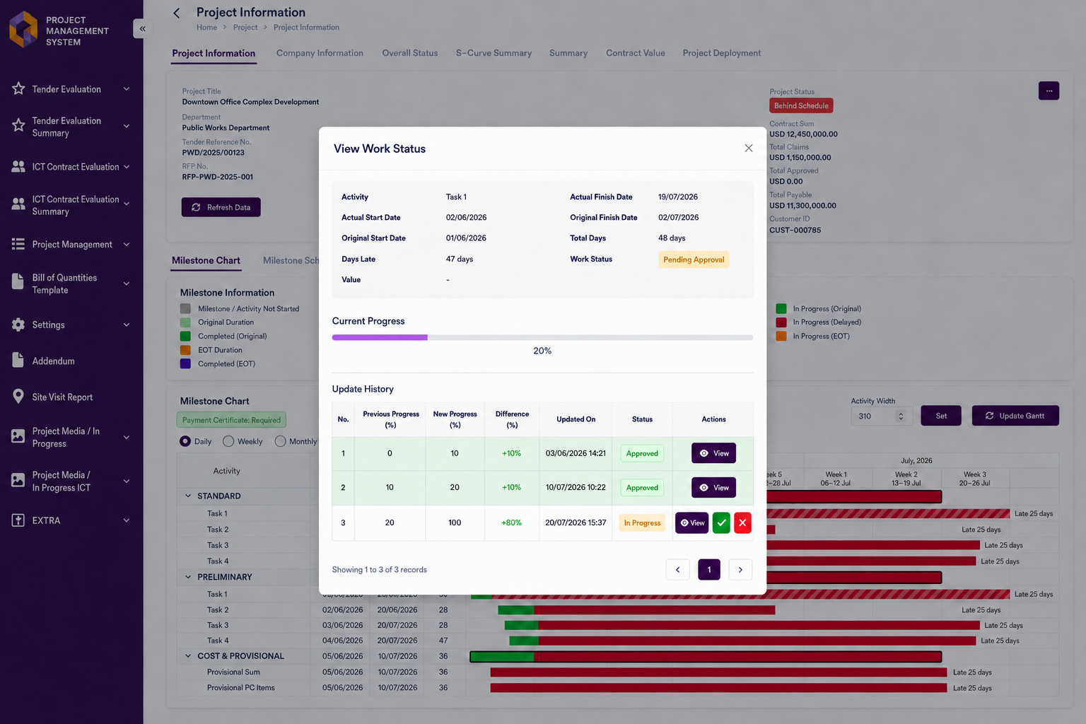 Fictionalised work status review dialog showing approval history and pending actions