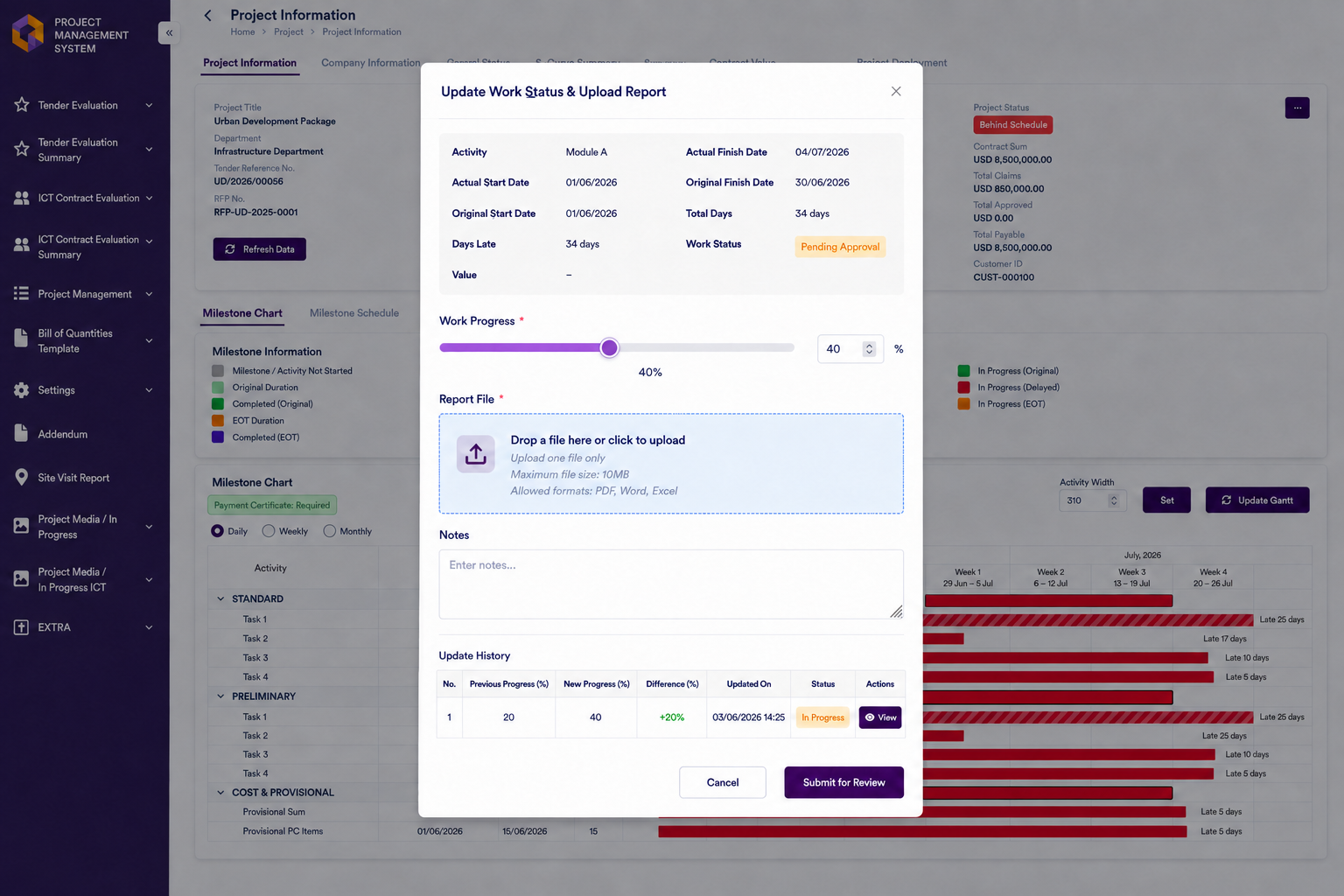 Fictionalised progress update dialog with completion percentage, report upload, notes, and update history
